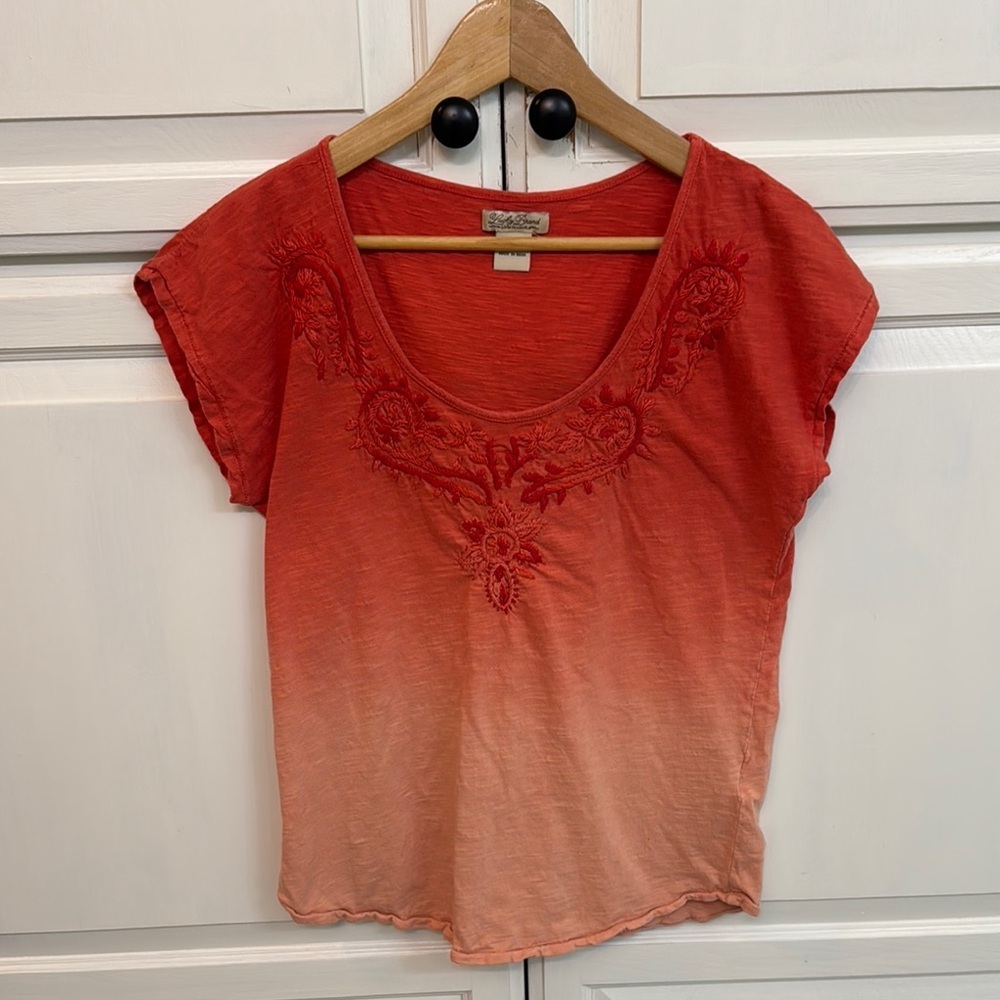 Lucky Brand Red to Peach Ombre Embroidered Scoop Neck Tee